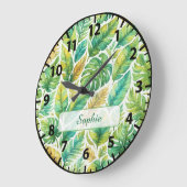 Grande Horloge Ronde Aesthetic Green Tropical Leaves Custom Name  (Angle)