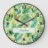 Grande Horloge Ronde Aesthetic Green Tropical Leaves Custom Name  (Recto)