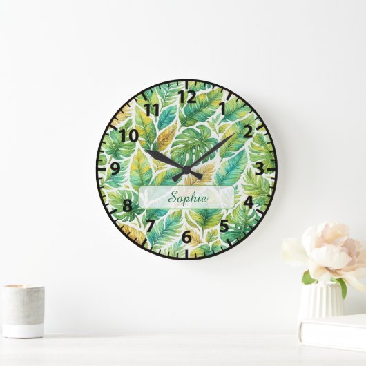 Grande Horloge Ronde Aesthetic Green Tropical Leaves Custom Name  (Maison)