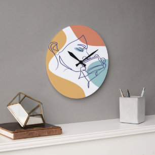 Grande Horloge Ronde affiche de dessin au trait de femme buvant du café
