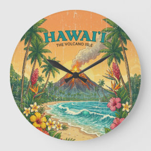 Grande Horloge Ronde Affiches de voyage hawaïennes vintage - Île d'Hawa