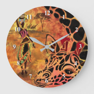 Grande Horloge Ronde African Girl and Giraffe - Amis - Dessin artistiqu