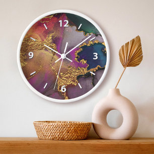 Grande Horloge Ronde Agate aquarelle or pourpre vert bleu chic glamour