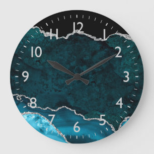 Grande Horloge Ronde Agate de marbre bleu turquoise et argenté