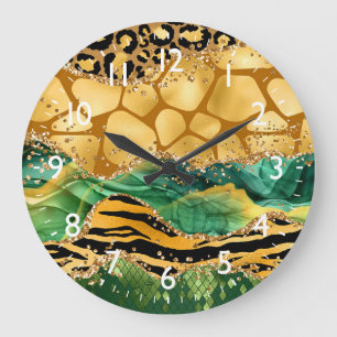 Grande Horloge Ronde Agate Imprimé Safari Or et Vert Animaux