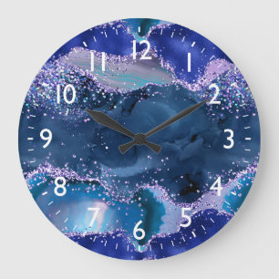 Grande Horloge Ronde Agate Océan Pailleté Bleu Foncé et Violet