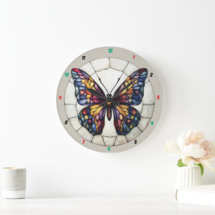 Grande Horloge Ronde Ailes Lumineuses" - Papillon en verre