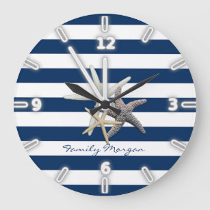 Grande Horloge Ronde Aimable Starfish, Bleu Marine Bleu Bandes Personna