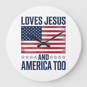 Grande Horloge Ronde Aime Jésus et l'Amérique aussi T-shirt chrétien pa