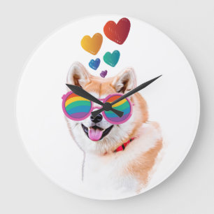 Grande Horloge Ronde Akita Chien avec Coeurs Saint Valentin