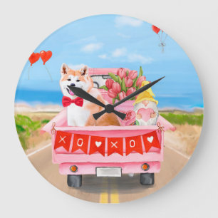 Grande Horloge Ronde Akita Chien Saint Valentin Coeurs de Camion