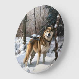 Grande Horloge Ronde Akita Laissez tomber la neige Noël