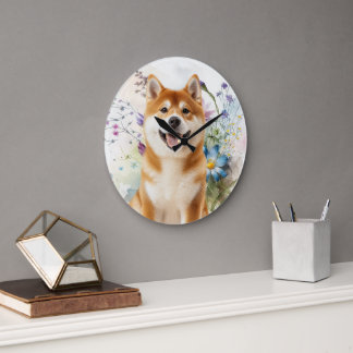 Grande Horloge Ronde Akita Shiba Inu Dog with Blue Watercolor Flowers