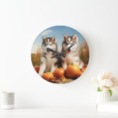 Grande Horloge Ronde Alaskan Malamute Chiot Automne Citrouille délice (Maison)