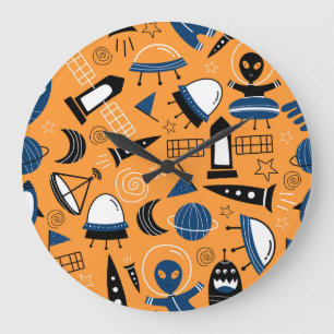 Grande Horloge Ronde Alien OVNI, vaisseaux spatiaux, motif pour enfants