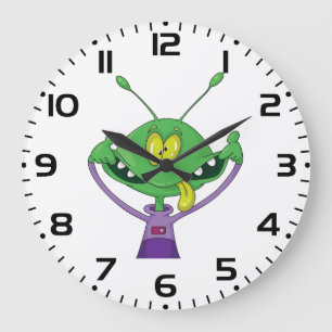 Grande Horloge Ronde Alien vert drôle faisant une grimace