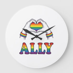 Grande Horloge Ronde Ally Arc-en-ciel Mains Cœur Vintage Fierté Chemise