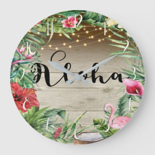 Grande Horloge Ronde Aloha Bois Tropical Floral Feuilles & Lumières Chi