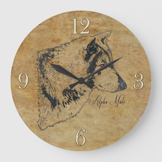 Grande Horloge Ronde Alpha Grey Wolf Faune Portrait Art (Recto)