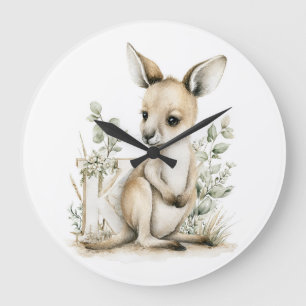 Grande Horloge Ronde Alphabet mignon en aquarelle d'animaux bébé Kangou
