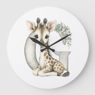 Grande Horloge Ronde Alphabet mignon en aquarelle des bébés animaux Gir