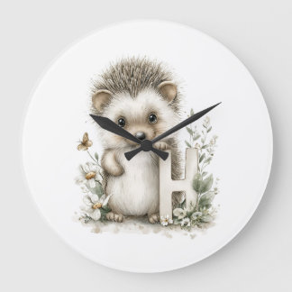 Grande Horloge Ronde Alphabet mignon en aquarelle des bébés animaux Hér