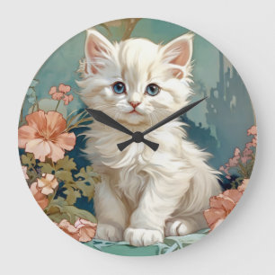 Grande Horloge Ronde Alphonse Mucha Style Chat blanc