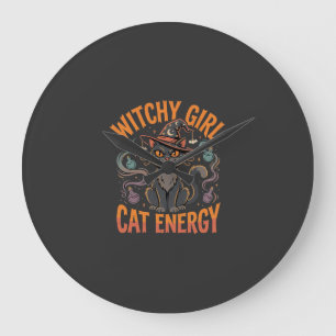 Grande Horloge Ronde Ambiance Chat Halloween Sorcière