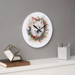 Grande Horloge Ronde American Eskimo Christmas Wreath Festive Pup