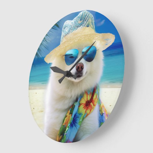 Grande Horloge Ronde American Eskimo on Beach, cadeau d'été pour amoure (Angle)