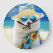 Grande Horloge Ronde American Eskimo on Beach, cadeau d'été pour amoure (Recto)