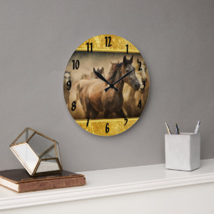 Grande Horloge Ronde American Quarter Horse avec design feuille d'or