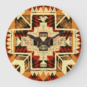 Grande Horloge Ronde Amérindien, Vintage Tirée À La Main Abstraite.