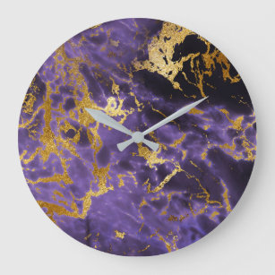 Grande Horloge Ronde Améthyste violet en pierre dorée Marbre noir Luxe