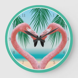 Grande Horloge Ronde Amour de flamant rose (Saint-Valentin tropical)