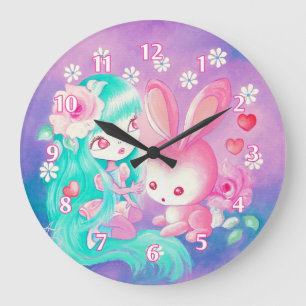 Grande Horloge Ronde Amour de lapin rose