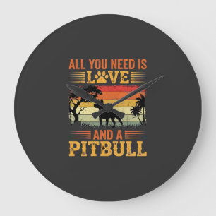 Grande Horloge Ronde Amour de Pitbull Coucher de Soleil Rétro Chien
