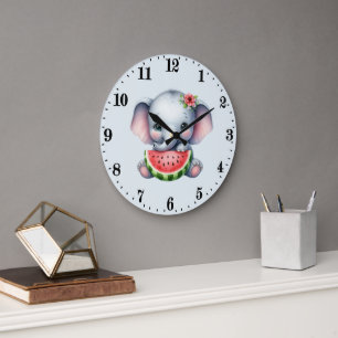 Grande Horloge Ronde Amoureux de pastèque éléphant mignon