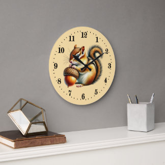 Grande Horloge Ronde Amoureux de petits écureuils rayés automnaux migno