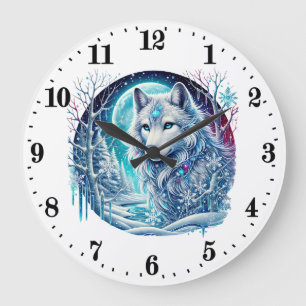 Grande Horloge Ronde amoureux des animaux de loups cool hiver