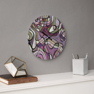 Grande Horloge Ronde Amusant Hip Purple Violet Noir Mosaïque Pop Art