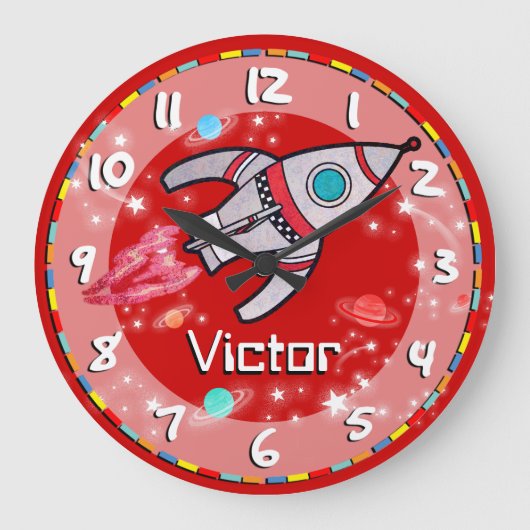 Grande Horloge Ronde Amusants enfants garçons roquette espace mur rouge (Recto)