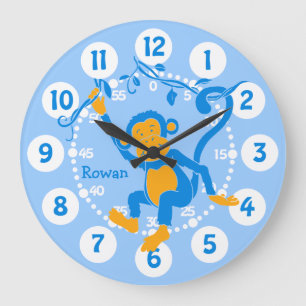 Grande Horloge Ronde Amusants nom des enfants singe bleu et blanc horlo