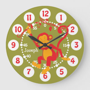 Grande Horloge Ronde Amusants nom des enfants singe rouge et vert horlo