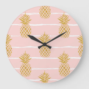 Grande Horloge Ronde Ananas en or, Arrière - plan d'été rayé.
