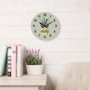 Grande Horloge Ronde Ananas tropical vert Aloha avec lunettes de soleil