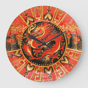 Grande Horloge Ronde Ancien Dragon chinois traditionnel Rouge Or Or