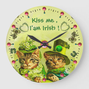 Grande Horloge Ronde ANCIENNE MODE ST.PATRICK'S CATS Kiss me Je suis ir