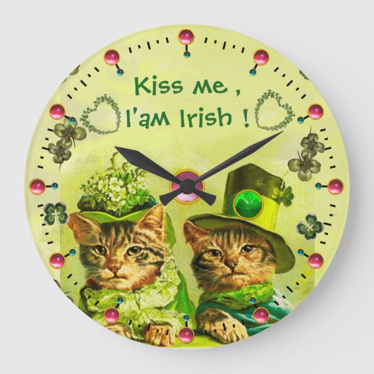 Grande Horloge Ronde ANCIENNE MODE ST.PATRICK'S CATS Kiss me Je suis ir (Recto)