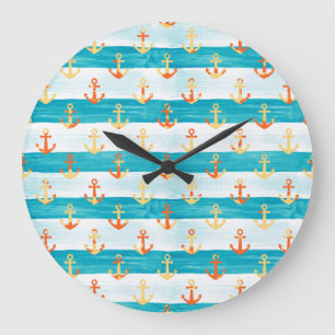 Grande Horloge Ronde Ancrages Abstraits : motif à bande aquarelle.